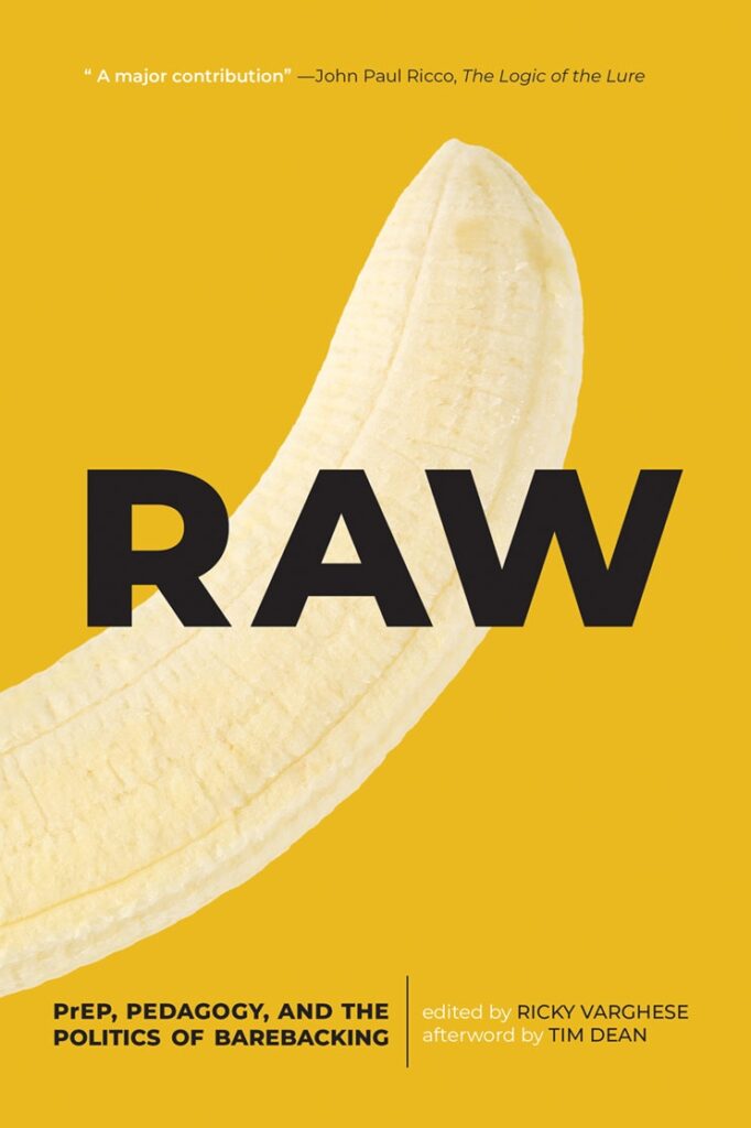 A yellow book cover with an unpeeled banana in the middle of the page, with the word "RAW" overlaid in capital letters.