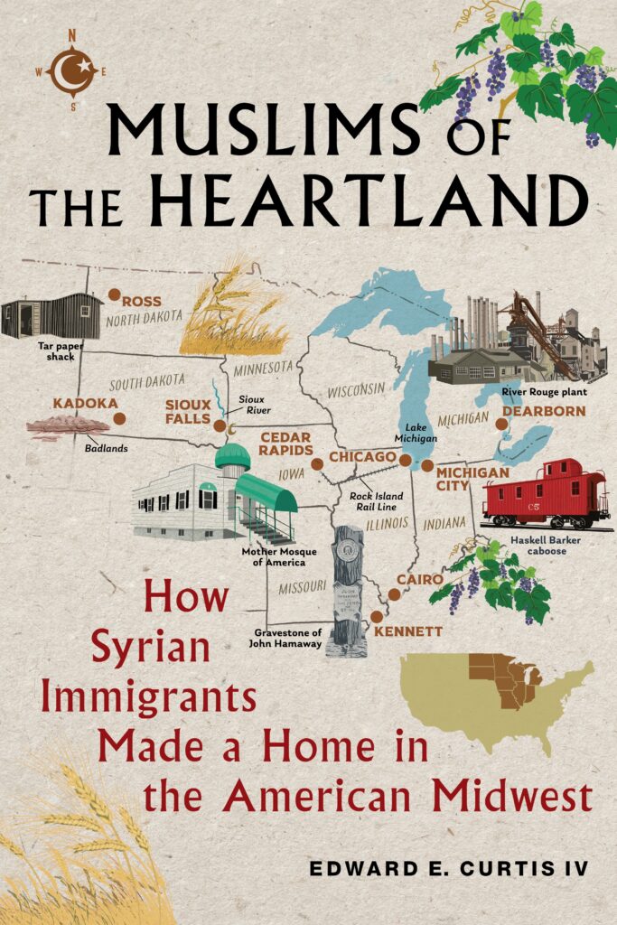 On the cover of Muslims of the Heartland: How Syrian Immigrants Made a Home in the American Midwest by Edward E. Curtis IV, there is an illustrated map of the American Midwest.