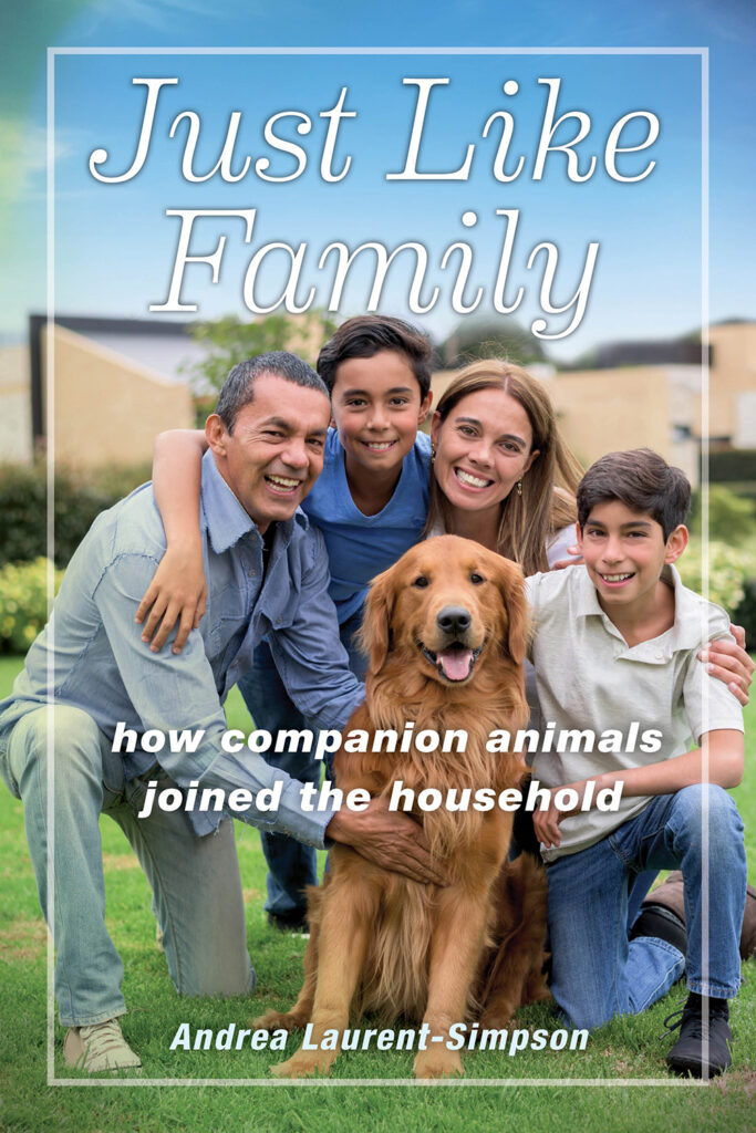 On the Cover of Just Like Family, a suburban family poses with their golden retriever.