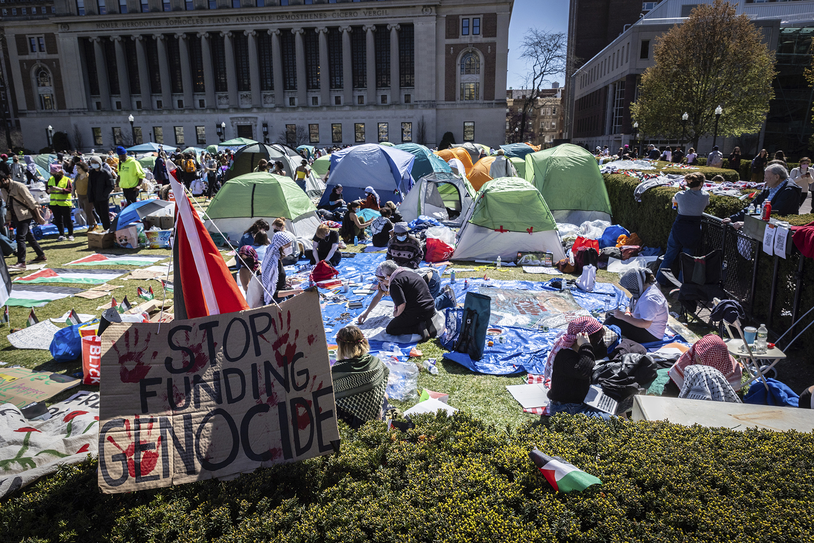 Photo of a pro-Palestinian demonstration encampment on the lawn of Columbia University in New York. Cardboard sign at the front reads stop funding genocide.